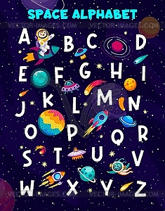 Cartoon space alphabet letters, kids english ABC - vector image