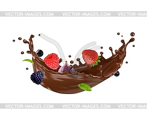 Choco cream, chocolate milk wave flow with berries - vector image