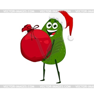 Cartoon avocado Santa character with gifts bag - vector image