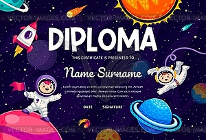 Kids diploma certificate, cartoon kid astronauts - vector clipart