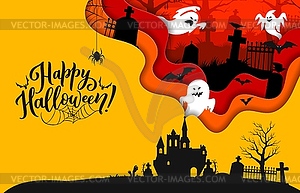 Halloween paper cut banner with castle and ghosts - vector clipart