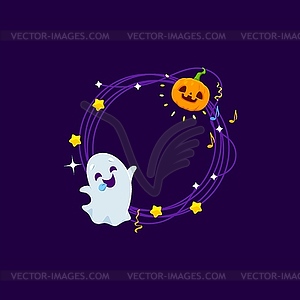 Halloween holiday frame with ghost and pumpkin - vector image