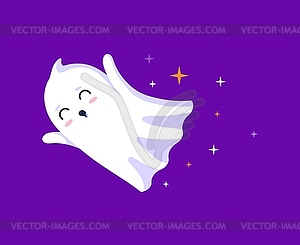 Halloween kawaii ghost soars through night sky - vector clipart