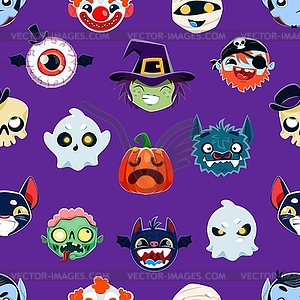 Cartoon Halloween emoji character seamless pattern - vector image