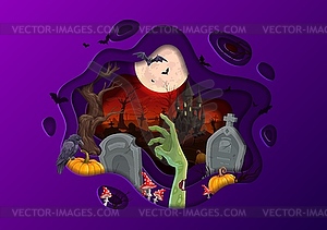 Halloween paper cut banner with cemetery landscape - vector clipart