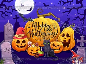 Cartoon Halloween characters, sweets on cemetery - vector clip art