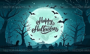 Halloween cemetery landscape, tombstones and bats - vector image