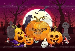 Halloween holiday pumpkins on midnight cemetery - vector clipart / vector image