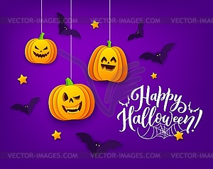 Halloween paper cut pumpkins and flying bats - vector image