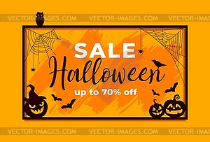 Halloween holiday sale grunge banner, pumpkin, bat - vector image