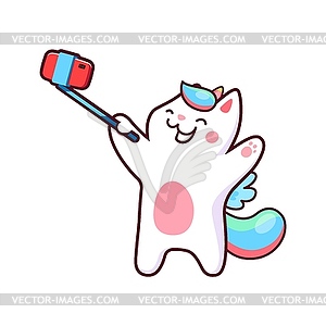 Cartoon kawaii caticorn, cat unicorn, selfie photo - color vector clipart