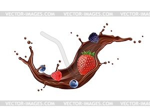 Chocolate milk swirl wave splash with wild berries - vector clip art