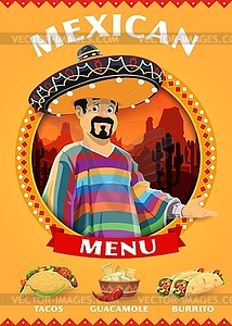 Mexican character with national cuisine food menu - vector clipart