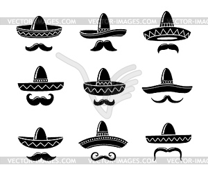 Mexican mariachi sombrero hat icons and moustaches - vector clipart