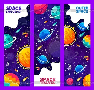 Space travel and explore banners, galaxy planets - vector clip art