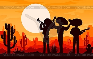 Mexican mariachi musician and cowboy silhouettes - vector clip art