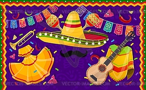 Mexican holiday party poster, papel picado flags - vector clipart