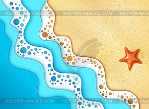 Sea waves paper cut banner with sand and starfish - vector clipart