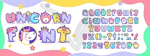 Cartoon unicorn font, fairy horse animal alphabet - color vector clipart
