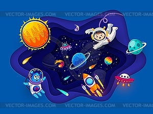 Space paper cut with planets, astronaut characters - vector clip art