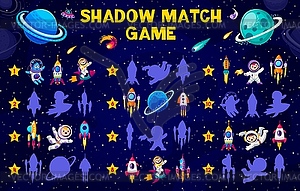 Shadow match game with planet, rocket, astronaut - vector clipart