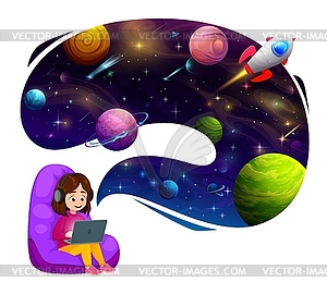 Мультяшная девочка с ноутбуком, размышляющая о космосе - клипарт