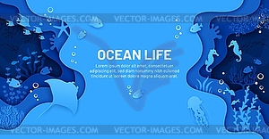 Wildlife banner, sea paper cut landscape, fishes - vector image