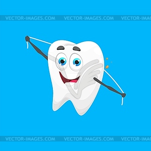 Cartoon tooth character with dental floss hygiene - vector clipart