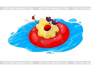 Cartoon pasta character floating on swim ring - vector clip art