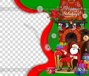 Cartoon paper cut greeting card, Santa, fireplace - vector clip art