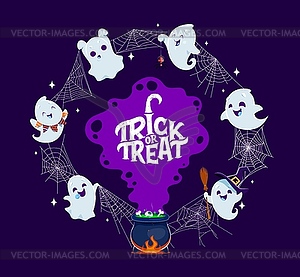 Halloween kawaii ghosts, witch cauldron and spider - royalty-free vector image