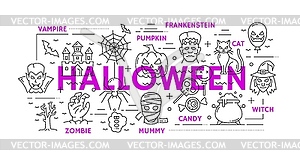 Halloween line art banner with holiday characters - vector clip art