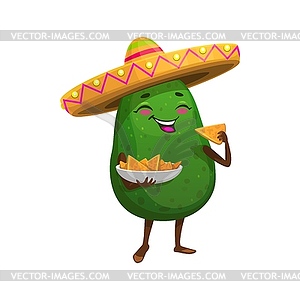 Cartoon Mexican avocado character eating nachos - vector clip art