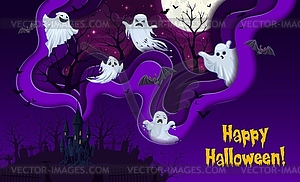 Вырезанный из бумаги пейзаж на Хэллоуин с летающими призраками - векторный клипарт / векторное изображение