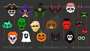 Halloween photo booth masks and props cartoon set - vector image