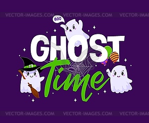 Cartoon kawaii Halloween ghosts, holiday quote - vector image