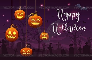 Cartoon Halloween pumpkin lanterns, night cemetery - vector image