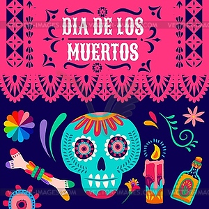 Day of Dead mexican holiday skull, candle, tequila - vector image