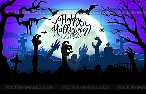 Halloween midnight cemetery with zombie hands - vector clipart