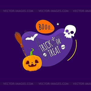 Halloween holiday pumpkin, skull, bat and broom - vector image