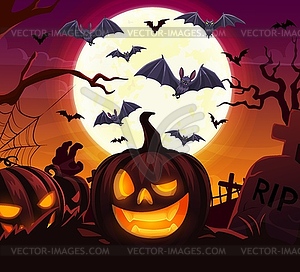 Хэллоуинская тыква и облако летучих мышей на кладбище - рисунок в векторном формате