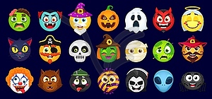 Набор мультяшных значков emoji на Хэллоуин - рисунок в векторе