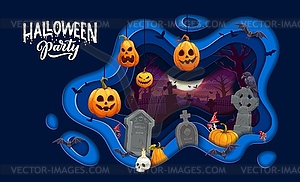 Halloween paper cut cemetery, horror pumpkin, bats - vector image