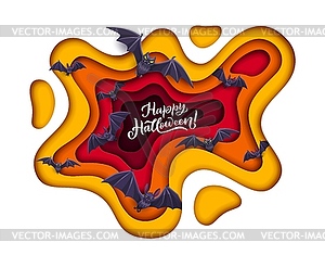Праздничный баннер для Хэллоуина, вырезанный из бумаги, с облаком летучих мышей - изображение в векторном виде