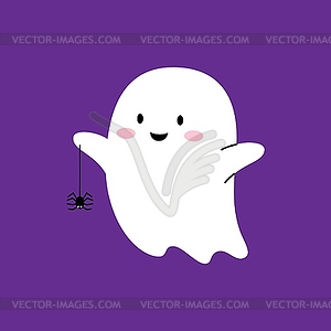 Halloween kawaii cartoon ghost playing with spider - vector image