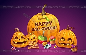 Halloween pumpkins and sweets, horror holiday - royalty-free vector image