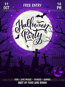 Halloween party flyer with cemetery, zombie hands - vector clip art