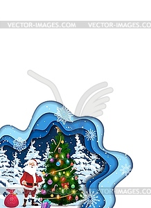 Christmas paper cut cartoon santa and xmas tree - vector clip art
