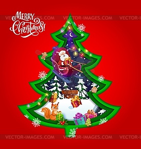 Рождественская сосна, вырезанная из бумаги, с Сантой на санях - иллюстрация в векторе