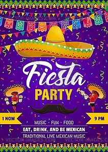 Mexican fiesta party flyer, sombrero, mustaches - vector image